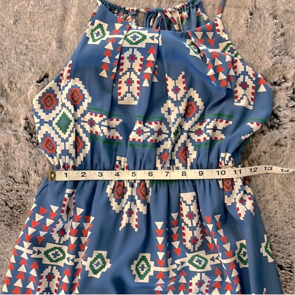 Baby Blue Mini Sundress Aztec Print Spaghetti Strap, Small EUC by Decapolis - Picture 7 of 11
